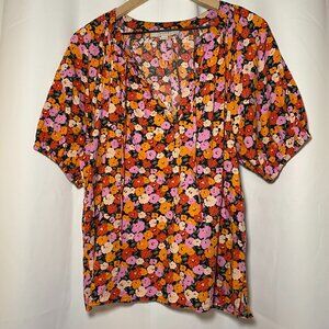 Loft Tie Front Puff Sleeve Blouse Womens XL Pink Orange Black Floral Cotton EUC
